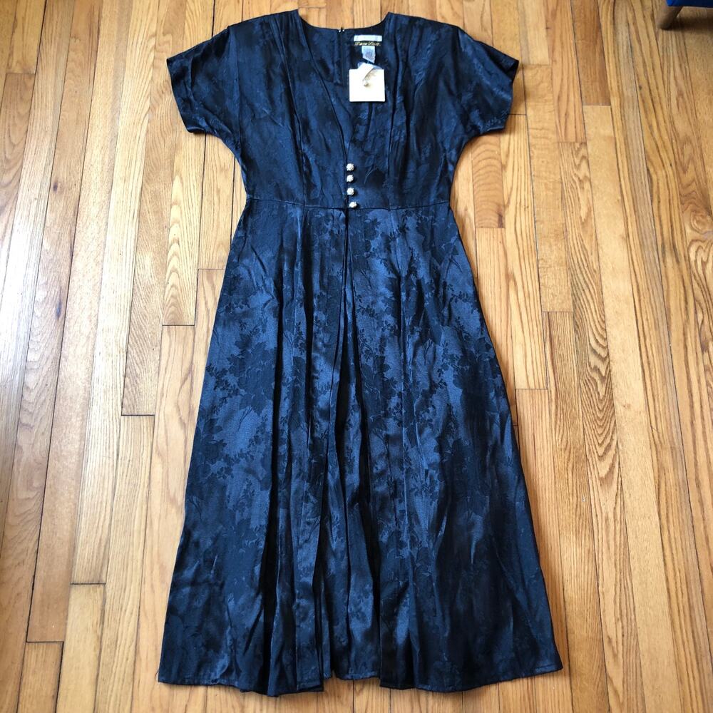 Dana Scott NWT Vintage 1980s Tea Length Black Satin Formal Dress Size 11/12